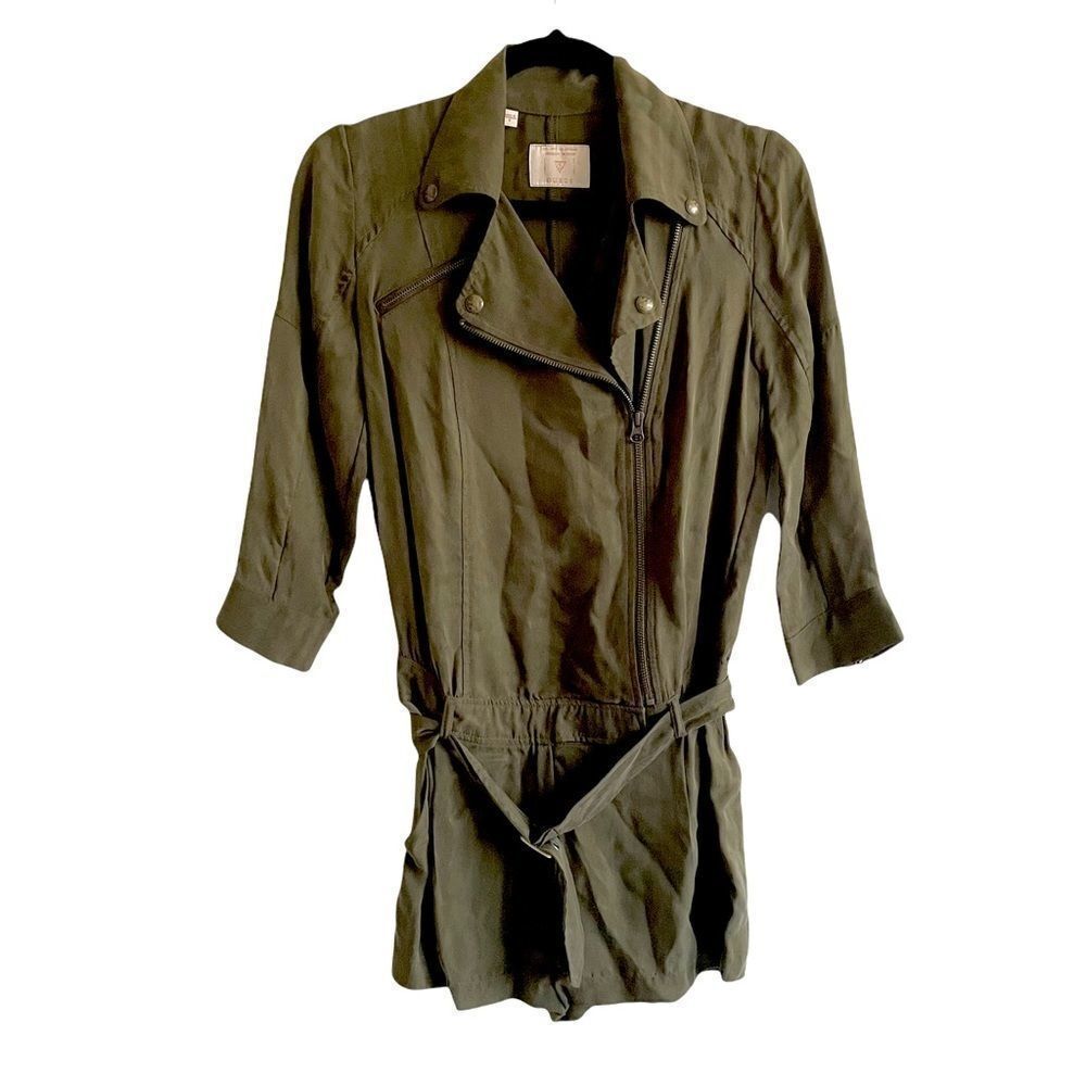 GUESS Army Green Silk Shorts Romper One-Piece Jumpsuit Belt 3/4 Sleeves Olive 0